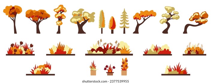 Vector set with autumn trees, grasses and bushes. Horizontal composition.