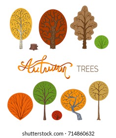 Vector set of autumn trees isolated on white background. Birch, oak, chestnut, bush, tree stump and others trees made in cartoon style.