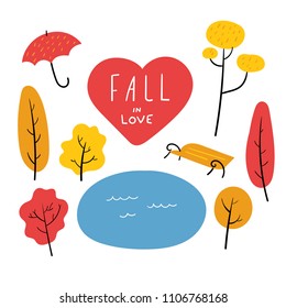 Vector Set of Autumn Trees and Objects. Isolated Hand Drawn Illustration in Fall Warm Colors with Lettering Fall in Love