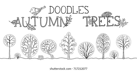 Vector set of autumn trees on white background. Doodles birch, oak, chestnut, bush, tree stump and others trees made in linear style. Can be used in colouring book for children.