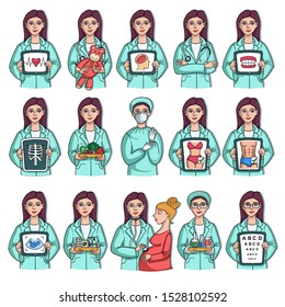 Vector set of avatar doctor characters. Colorful isolated icons of woman doctor. Illustrations on the theme of medicine and health