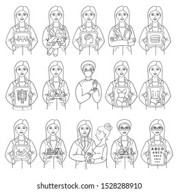 Vector set of avatar doctor characters. Isolated icons of woman doctor on white background. Illustrations on the theme of medicine and health
