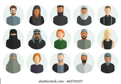 Vector set of avatar flat icons in circle isolated. Muslims and Europeans