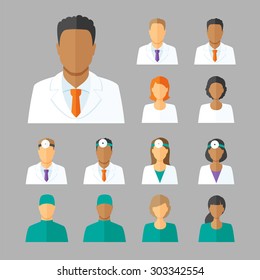 Vector set of avatars or characters of different medical stuff such as general doctor, therapist, surgeon and otolaryngologist