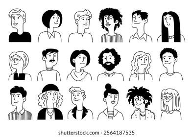 Vector set of avatars of diversity happy people in doodle style. Portraits of men, women. Simple line, contour. Trendy illustration isolated