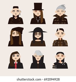 Vector set with avatars of gothic man in hats, with dark hair and colored eyes lens. Different young men isolated on background.