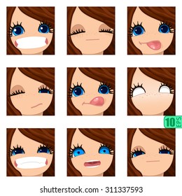 vector Set avatars icons girl faces BROWN HAIR, BLUE EYES Emotions Expressions Set_6