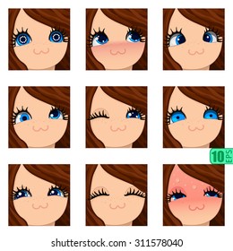 vector Set avatars icons girl KAT faces BROWN HAIR, BLUE EYES Emotions Expressions Set_9
