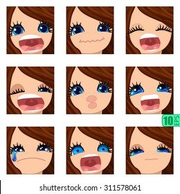 vector Set avatars icons girl faces BROWN HAIR, BLUE EYES Emotions Expressions Set_7