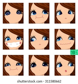 vector Set avatars icons girl faces BROWN HAIR, BLUE EYES Emotions Expressions Set_5