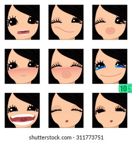 vector Set avatars icons girl faces BLACK HAIR, BROWN EYES Set_2