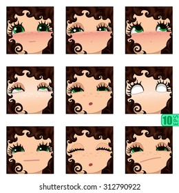 vector Set avatars icons girl faces smiley BROWN CURLY HAIR, GREEN EYES Set_4