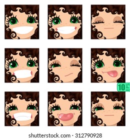 vector Set avatars icons girl faces smiley BROWN CURLY HAIR, GREEN EYES Set_3