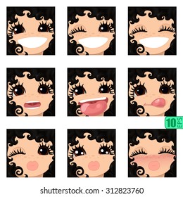 vector Set avatars icons girl faces smiley BLACK CURLY HAIR, BROWN EYES Set_2