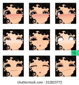vector Set avatars icons girl faces smiley BLACK CURLY HAIR, BROWN EYES Set_4