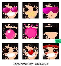 vector Set avatars icons girl faces smiley BLACK CURLY HAIR, BROWN EYES Set_8