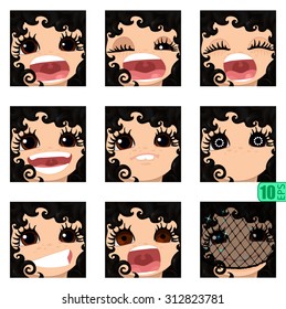 vector Set avatars icons girl faces smiley BLACK CURLY HAIR, BROWN EYES Set_7