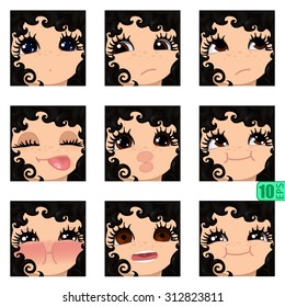 vector Set avatars icons girl faces smiley BLACK CURLY HAIR, BROWN EYES Set_6