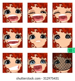 vector Set avatars icons girl faces smiley RED CURLY HAIR, GRAY EYES Set_7