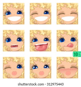 vector Set avatars icons girl faces smiley  CURLY BLONDE, BLUE EYES Set_2