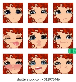 vector Set avatars icons girl faces smiley RED CURLY HAIR, GRAY EYES Set_6