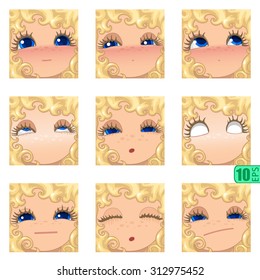 vector Set avatars icons girl faces smiley  CURLY BLONDE, BLUE EYES Set_4