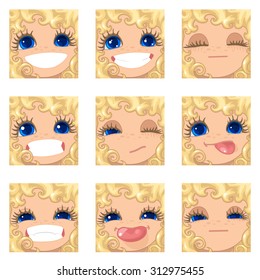 vector Set avatars icons girl faces smiley  CURLY BLONDE, BLUE EYES Set_3