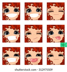 vector Set avatars icons girl faces smiley RED CURLY HAIR, GRAY EYES Set_3