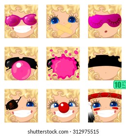 vector Set avatars icons girl faces smiley  CURLY BLONDE, BLUE EYES Set_8