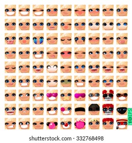 vector Set avatars icons smiley ClipArt Girl faces BLONDE, BLUE EYES Emotions Expressions Web Blog Graphics Profile Picture Pack-9x9
