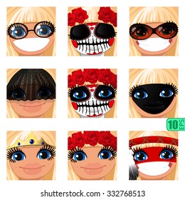 vector Set avatars icons smiley ClipArt Girl faces BLONDE, BLUE EYES Emotions Expressions Web Blog Graphics Profile Picture Red Day of the Dead roses Pack-9
