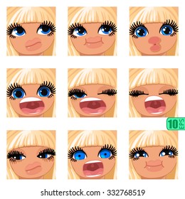 vector Set avatars icons smiley ClipArt Girl faces BLONDE, BLUE EYES Emotions Expressions Web Blog Graphics Profile Picture Pack-6