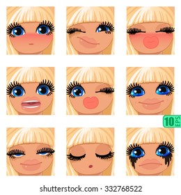vector Set avatars icons smiley ClipArt Girl faces BLONDE, BLUE EYES Emotions Expressions Web Blog Graphics Profile Picture Pack-2