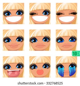 vector Set avatars icons smiley ClipArt Girl faces BLONDE, BLUE EYES Emotions Expressions Web Blog Graphics Profile Picture Pack-1