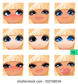 vector Set avatars icons smiley ClipArt Girl faces BLONDE, BLUE EYES Emotions Expressions Web Blog Graphics Profile Picture Pack-3