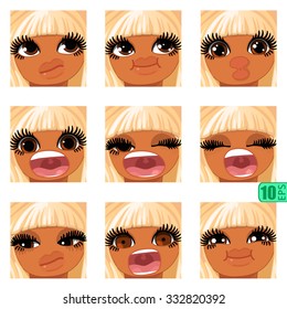 vector Set avatars icons smiley ClipArt Girl swarthy faces BLONDE, BROWN EYES Emotions Expressions Web Blog Fringe Graphics Profile Picture Pack-6