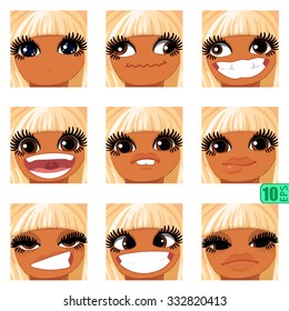 vector Set avatars icons smiley ClipArt Girl swarthy faces BLONDE, BROWN EYES Emotions Expressions Web Blog Fringe Graphics Profile Picture Pack-7