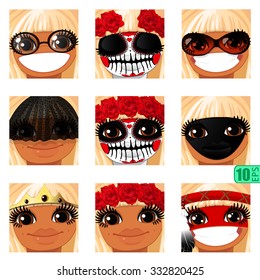 vector Set avatars icons smiley ClipArt Girl swarthy faces BLONDE, BROWN EYES Emotions Expressions Web Blog Fringe Graphics Profile Picture Pack-9