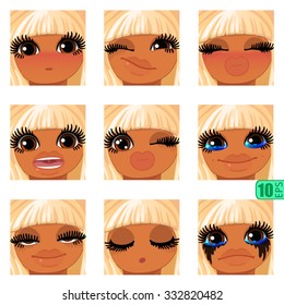 vector Set avatars icons smiley ClipArt Girl swarthy faces BLONDE, BROWN EYES Emotions Expressions Web Blog Fringe Graphics Profile Picture Pack-2