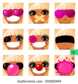 vector Set avatars icons smiley ClipArt Girl swarthy faces BLONDE, BROWN EYES Emotions Expressions Web Blog Fringe Graphics Profile Picture Pack-8