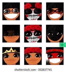 vector Set avatars icons smiley Swarthy Girl faces BLACK HAIR bang, BROWN EYES  Emotions Expressions Web Blog Graphics Profile Picture Pack-9