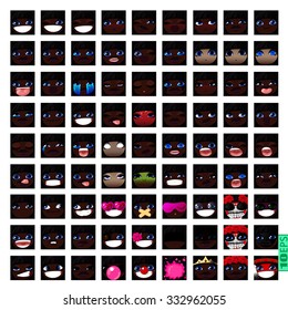 vector Set avatars icons smiley DARK SKIN 1 Girl faces BLACK HAIR, bang, BLUE EYES Emotions Expressions Web Blog Graphics Profile Picture Set-9x9