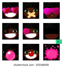 vector Set avatars icons smiley DARK SKIN 2 Girl faces BLACK HAIR, bang, GREEN EYES Emotions Expressions Web Blog Graphics Profile Picture Set-8