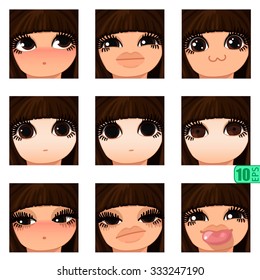 vector Set avatars icons smiley ClipArt Girl faces BROWN HAIR, BROWN EYES Emotions Expressions Web Blog Graphics Profile Picture Pack-3