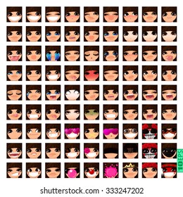 vector Set avatars icons smiley ClipArt Girl faces BROWN HAIR, BROWN EYES Emotions Expressions Web Blog Graphics Profile Picture Pack-9x9