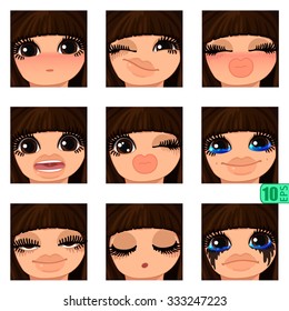 vector Set avatars icons smiley ClipArt Girl faces BROWN HAIR, BROWN EYES Emotions Expressions Web Blog Graphics Profile Picture Pack-2