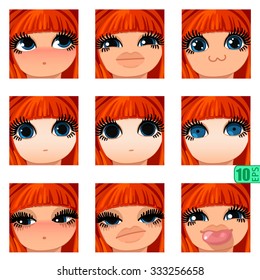 vector Set avatars icons smiley ClipArt Girl faces REDHEAD, bang, BLUE EYES Emotions Expressions Web Blog Graphics Profile Picture Red Day of the Dead roses Pack-3