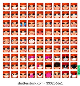 vector Set avatars icons smiley ClipArt Girl faces REDHEAD, bang, BLUE EYES Emotions Expressions Web Blog Graphics Profile Picture Red Day of the Dead roses Pack-9x9