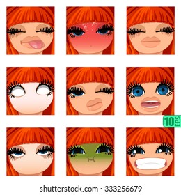 vector Set avatars icons smiley ClipArt Girl faces REDHEAD, bang, BLUE EYES Emotions Expressions Web Blog Graphics Profile Picture Red Day of the Dead roses Pack-5