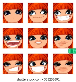 vector Set avatars icons smiley ClipArt Girl faces REDHEAD, bang, BLUE EYES Emotions Expressions Web Blog Graphics Profile Picture Red Day of the Dead roses Pack-7